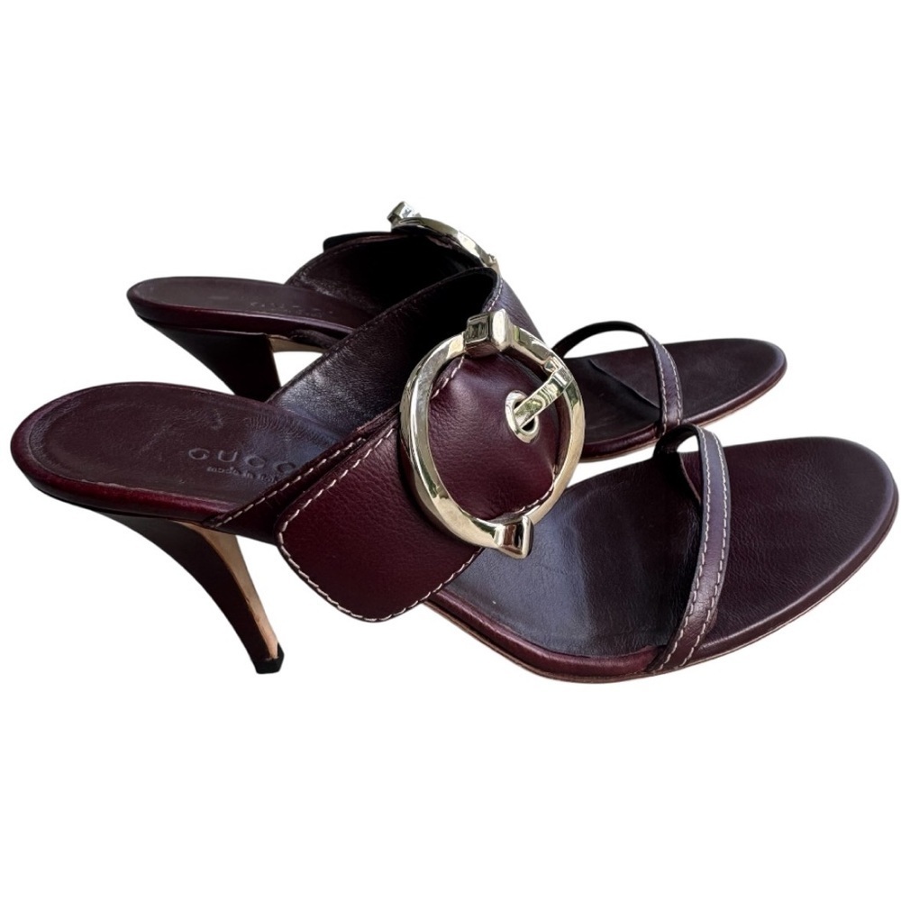 Gucci Pelle S.Cuoio Wine Leather Buckle Heel Sandals Size 8B